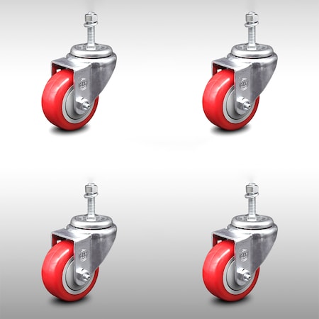 Service Caster 3.5 Inch SS Red Polyurethane Wheel Swivel 3/8 Inch Threaded Stem Caster Set SCC-SSTS20S3514-PPUB-RED-381615-4